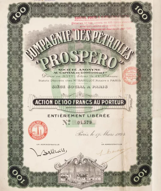 Compagnie Des Petroles Prospero - Action De 100 Francs 1924 - France