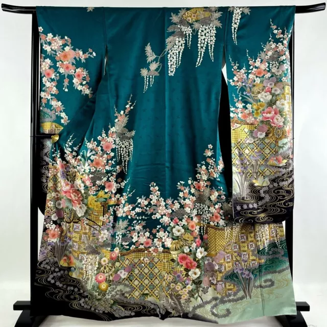 Japanese kimono SILK"FURISODE" long sleeves, Gold/Silver, Rowell,L5' 5"..3460