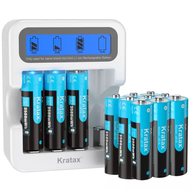 Kratax 1.5V AA Rechargeable Lithium Batteries 3500mWh Li-ion LCD Charger LOT