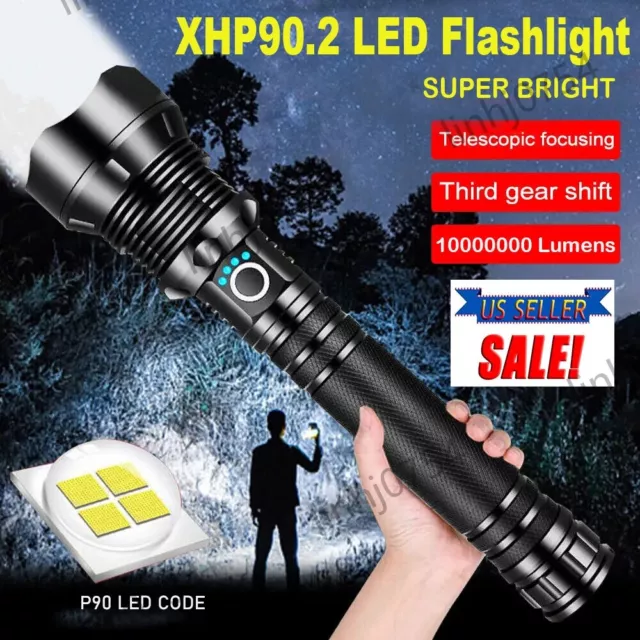 9000000 Lumens LED Flashlight Tactical Light Super Bright Torch USB Rechargeable