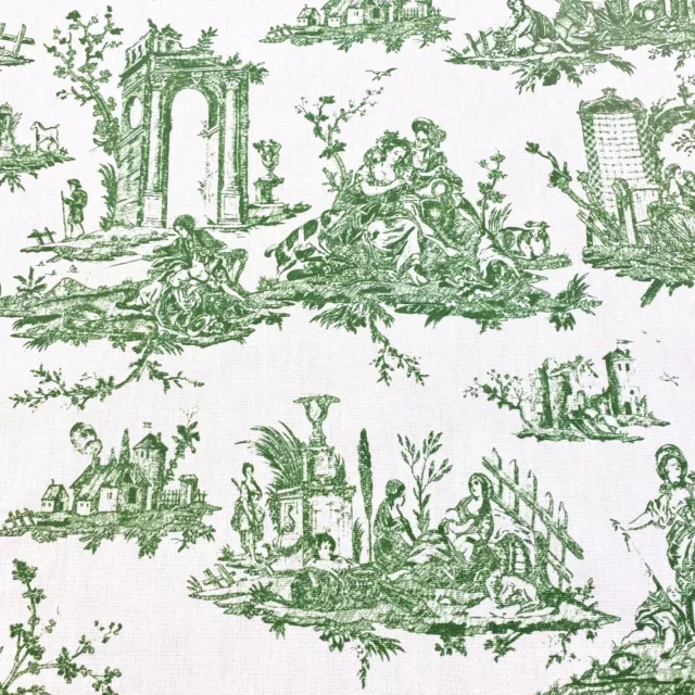 1142 . Green Toile De Jouy 100% Cotton Fabric, price per 1/2 metre, 146cm wide