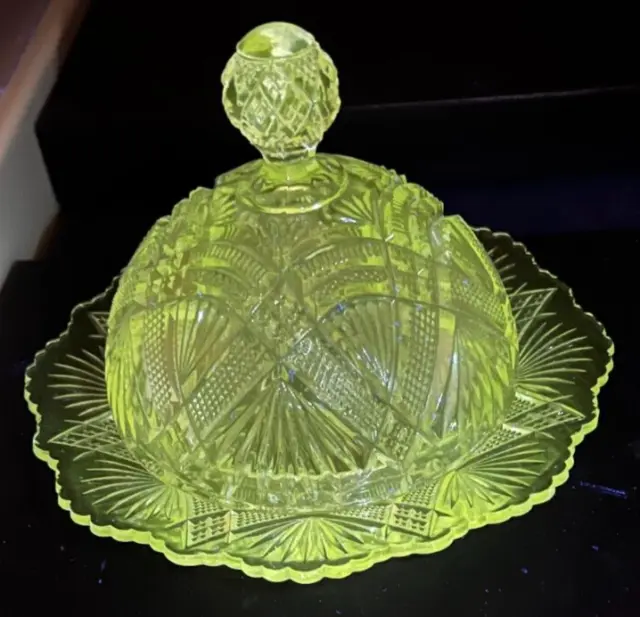 Antique Duncan & Sons Butter Dish 28 (OMN) Pattern Teepee Nemesis EAPG UV Glow