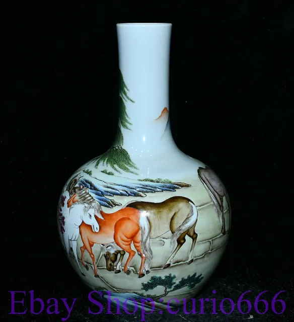 13" Marked China Qing Dynasty Colour Enamels Porcelain Animal Horse Bottle Vase