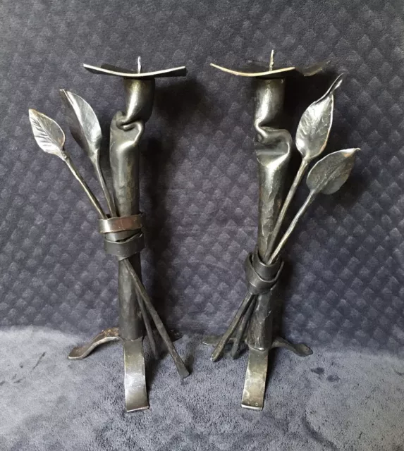 Vintage Brutalist Hand Forged Wrought Iron Metal Spike Candle Holders Marked JC