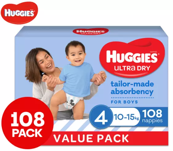 HUGGIES Ultra-Dry Nappies, Boys, Size 4 (10-15kg), One-Month Supply, 108pk count