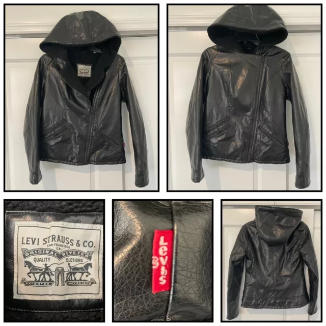 Levi's Womens XS Black Faux Leather Full Zip Sherpa Lined Hooded Biker Jacket