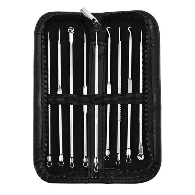 9 PIEZAS Herramientas de limpieza de acné de acero inoxidable de doble extremo Comedone espinillas agujas pústulas