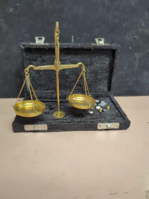 Portable Brass Balance Scale in Blue Velvet Covered Case - Functional/Decorative