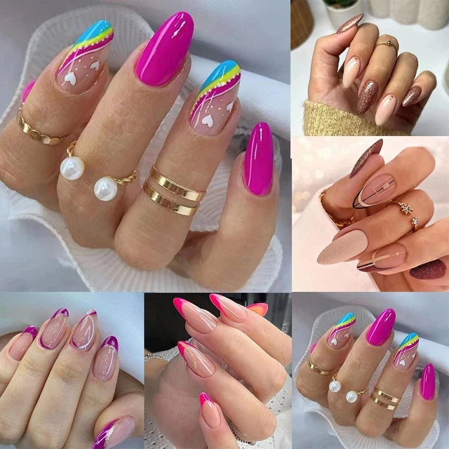 Nials falsi Manicure Francese Bordo bianco glitter Mandorla lunga Unghie finte