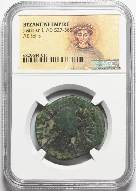 BYZANTINE. Justinian I, AD 527-565. Æ Follis, NGC Certified