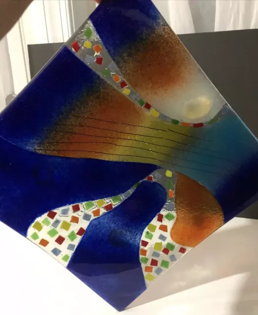 Decorative fused glass square plate "Rocky road - Blue"