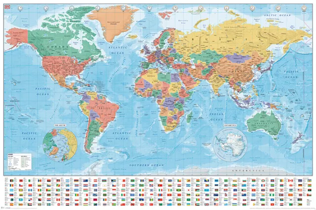 (535) WORLD MAP MAXI WALL POSTER (Modern 2020) with flags NEW 61cm x 91.5cm