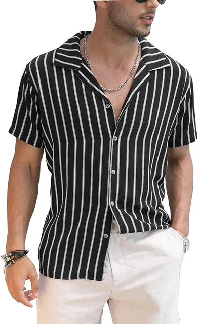 COOFANDY Mens Hawaiian Shirts Short Sleeve Striped Shirt Button Down Beach Shirt