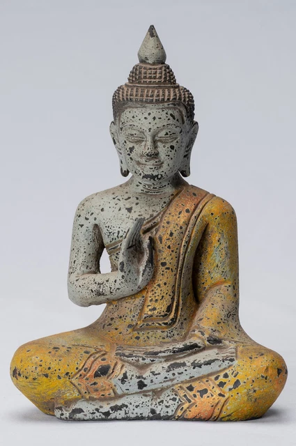 Buddha - Antique Khmer Style Seated Wood Buddha Statue Teaching Mudra - 21cm/8"