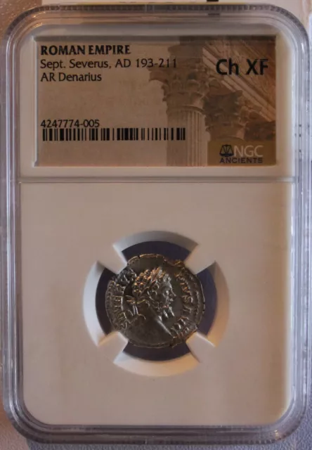 Ancients: Septimius Severus (AD 193-211). AR denarius (19mm, 6h). NGC CH XF