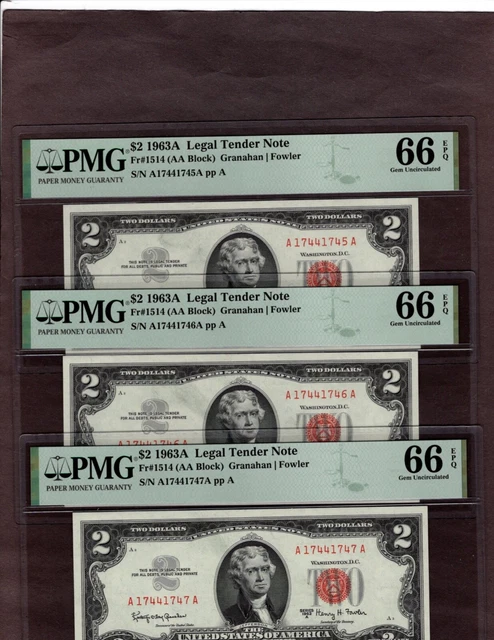 #3 Consecutive 1963A $2 Legal Tender Notes, PMG 66 EPQ, NICE!!