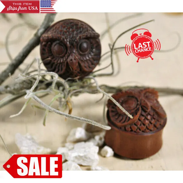 Organic Handmade Wood Double Flared Carved Owl Head Ear Plugs Gauges 9/16-13/16"