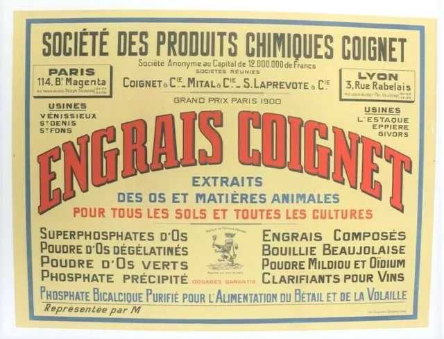 Cartel Antigua Abono Coignet OS & Animales Alimentación Ganado Aves 1920