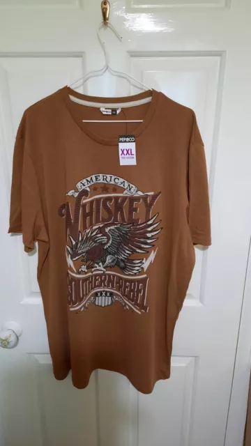 Men’s BROWN Pep&Co American Whiskey Eagle Rebel 100 XXX Proof T Shirt, XXL, BNWT