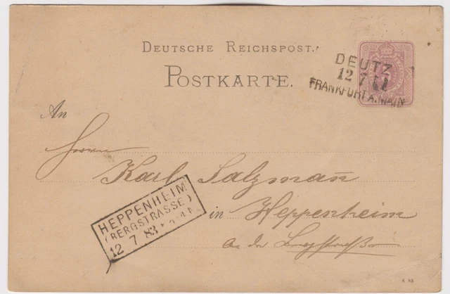 DR GA 5 Pf. 1883 Bahnpost Deutz - Frankfurt/M. - AKS R3 Heppenheim (Bergstrasse)