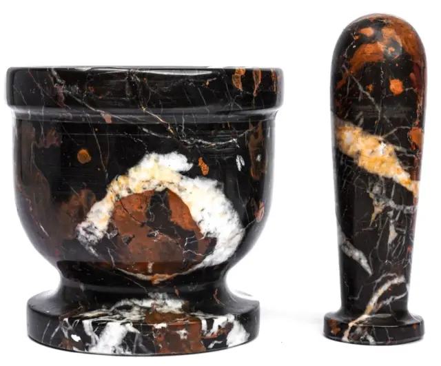 Mortar & Pestle, Natural Black & Golden Marble, 4", 10.2 cm
