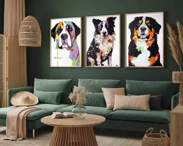 Set of Three Colourful Dog Art Prints, Border Collie Poster, Bernese Painting