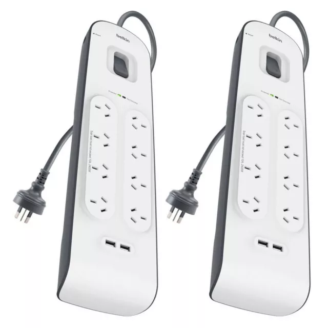2x Belkin 2M 8 Way Power Board Outlet Surge Protector 2.4A 2 USB Port Charger