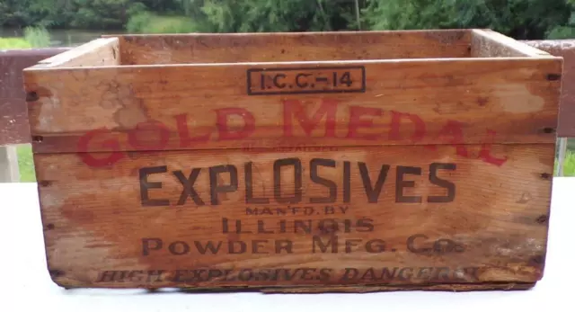 Vintage Gold Metal Explosives Wood Box Illinois Powder Co. ICC-14