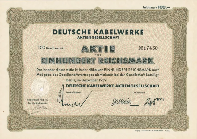 Deutsche Kabelwerke AG Aktie über 100 RM - 1939