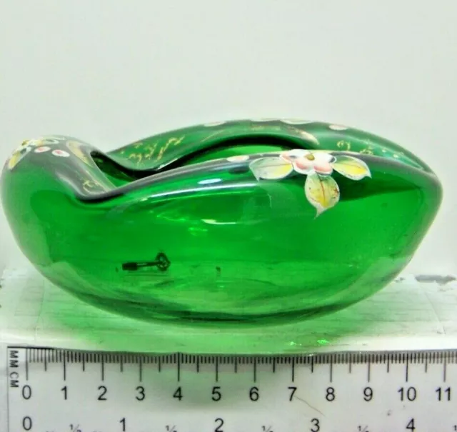 Vintage Bohemian Czech Glass Hand Blown Painted Green &Gold Trinket Dish Ashtray