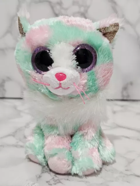 TY Beanie Boos Opal Green Pink Kitty Cat Big Eyes Stuffed Animal Plush Toy