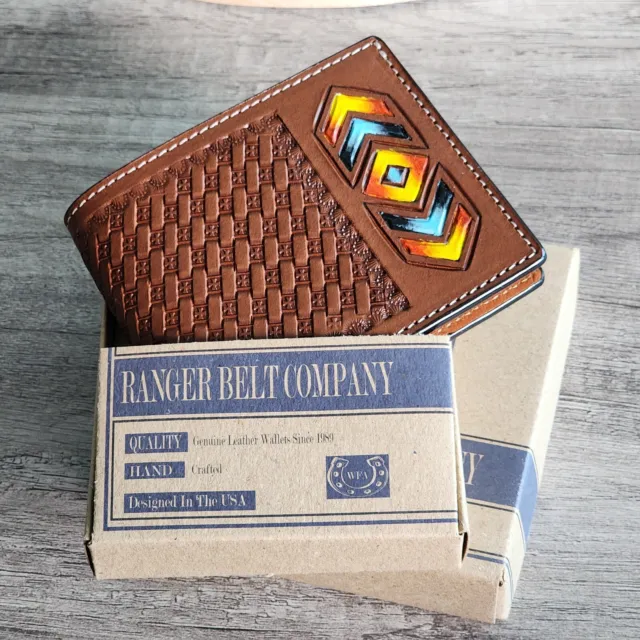 Western Ranger Bi-Fold Wallet Chestnut Leather Tooled Basket Weave Multicolor