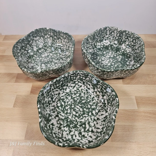 3 Roseville Spongeware Workshops of Gerald E. Henn Green Red Cereal Soup Bowls