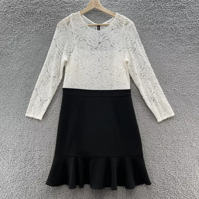 Nanette Lepore Dress Women 10 Black White Sheath Ruffle Hem Long Sleeve Lace