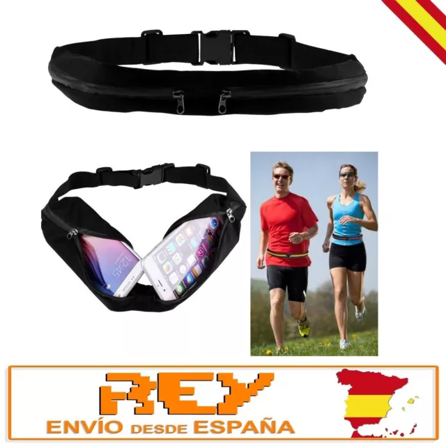 Riñonera Deportiva Doble Bolsa Cintura Deporte Bolso Cadera NEGRO d17