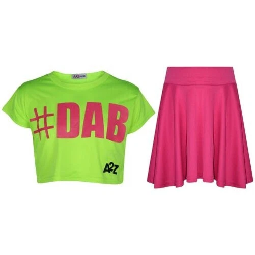 Bambine Top Corto # DAB Verde Neon Trendy Floss Moda T-Shirt & Gonna Set 5-13Yr