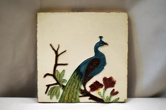 Antique Peacock Tile Majolica Art Nouveau Slight Embossed Architecture Rare"928