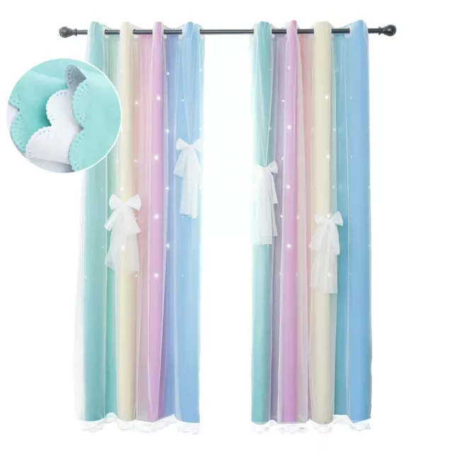 Blackout Curtains Ready Made Rainbow Double-Layer Net Curtains Kids Bedroom Home