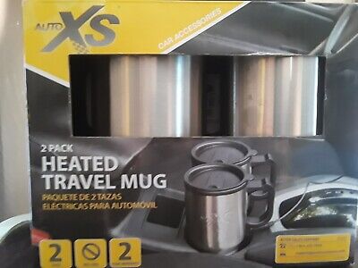 AutoXS 2 Pack Heated  SS Travel Mugs Black 16 Oz & Power Cord