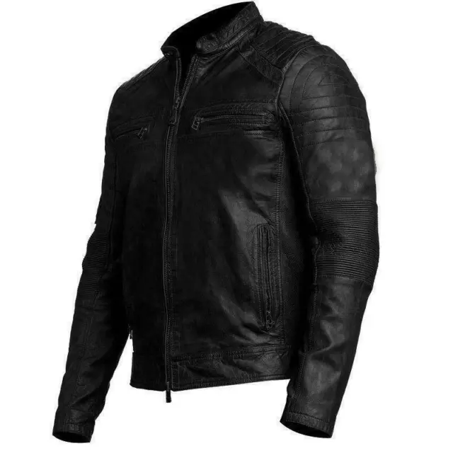 Men’s Biker Vintage Motorcycle Retro Distressed Black Cafe Racer Leather Jacket