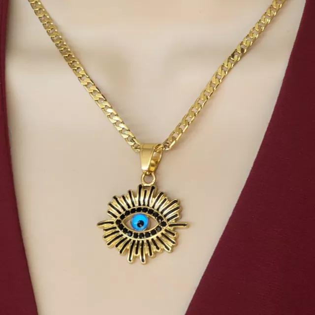 24K Gold Plated Sun Evil Eye Pendant & Curb Chain Necklace. Amulet. Oro Laminado