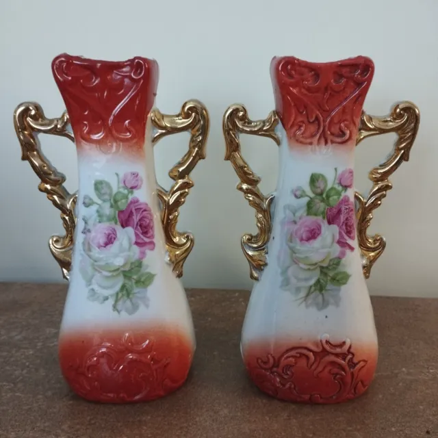 Pair Of Antique Edwardian Decorative Vases, With Roses, 19cm Tall