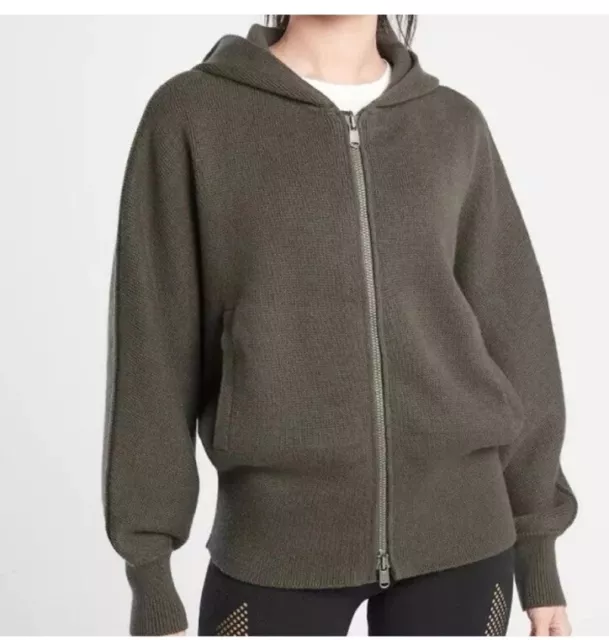 Athleta Aurora Dolman Full Zip Knit Hooded Sweater: Olive Army Green 1X