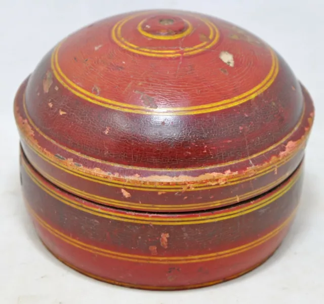 Ancien en Bois Rond Rangement Boîte Original Ancien Main Sculpté Laque Peint