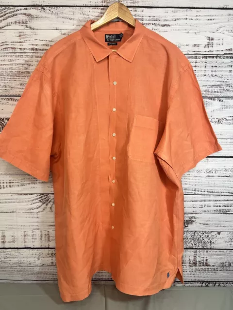 Polo Ralph Lauren Caldwell Shirt Mens 2LT Orange Silk Linen Blend Short Sleeve