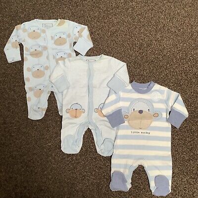 NEXT Baby 3 x Blue Monkey Babygrows / Sleepsuits. NEWBORN FIRST SIZE.Upto 7.8lbs