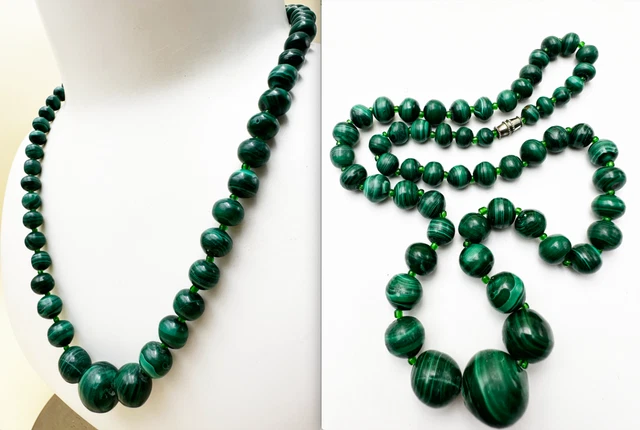 Collier Vintage En Perles De Malachite Verte - Longueur 37 Cm - Magnifique Bijou Ancien - Parfait État
