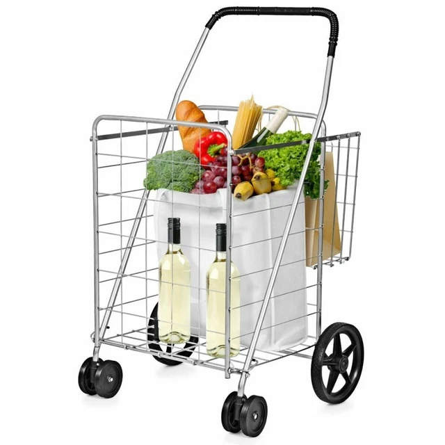Heavy Duty Folding Shopping Cart Utility Large Storage Area Basket 88 lbs Silver
