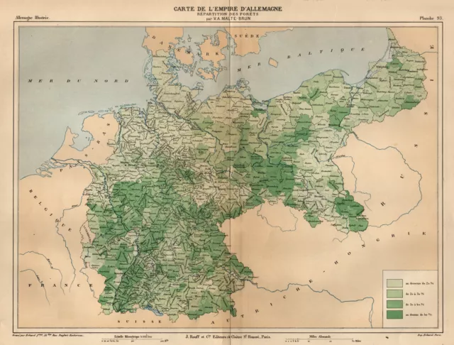 Allemagne Wälder Original Lithographie Carte Géographique Malte-Brun 1885