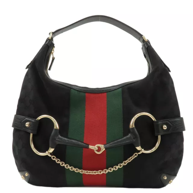 Authentic GUCCI Horsebit GG Canvas Leather Shoulder Bag Black 131026 Used F/S